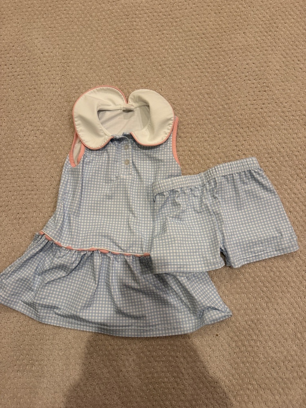 Stitchy Fish Blue Gingham Two-Piece Girls Outfit with Pink Trim